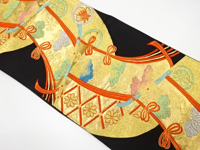 アンティーク　几帳に蝶・花模様織り出し袋帯（着用可）